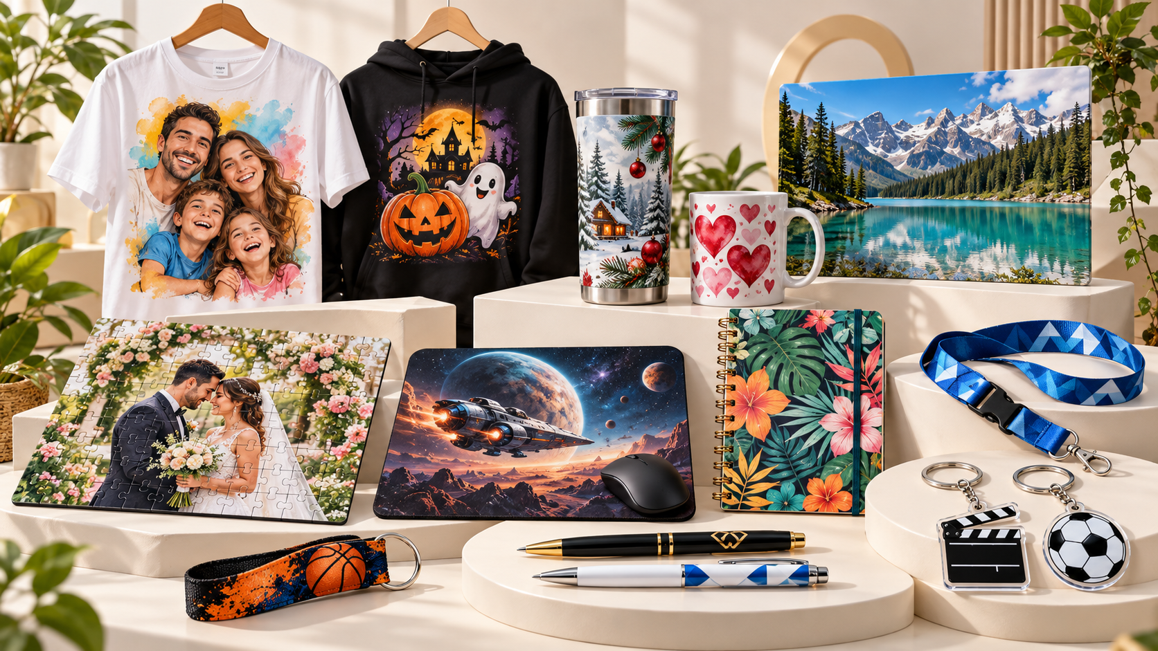 Colección de playeras, sudaderas, termos, tazas, cuadros de aluminio, rompecabezas, mousepad, lanyards, llaveros, plumas y libretas con diseños familiares, empresariales, de Navidad, Halloween, San Valentín, bodas, deportes, cine y paisajes
